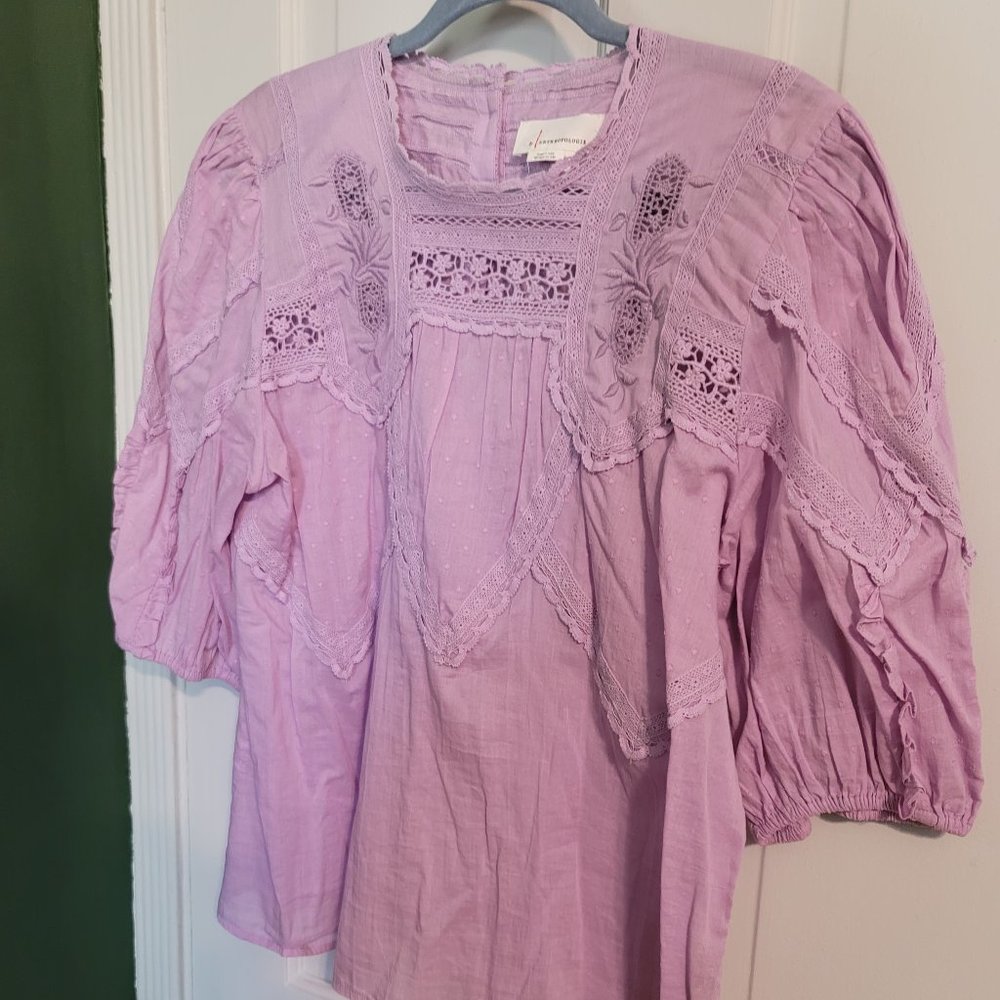 Anthro Embroidered Puff-Sleeve Blouse